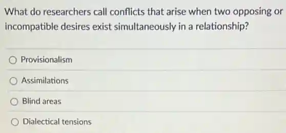 What do researchers call conflicts that arise when two opposing or
incompatible desires exist simultaneously in a relationship?
Provisionalism
Assimilations
Blind areas
Dialectical tensions