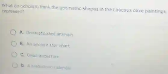 What do scholars think the geometric shapes in the Lascaux cave paintings
represent?
A. Domesticated animals
B. An ancient star chart
C. Dead ancestors
D. A prehistoric calendar