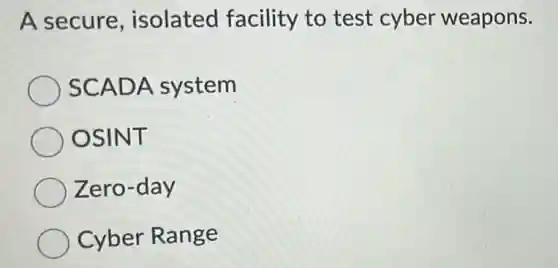 A secure isolated facility to test cyber weapons.
SCADA system
OSINT
Zero-day
Cyber Range