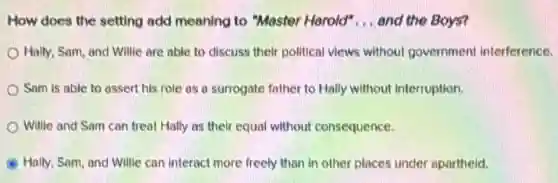 How does the setting add meaning to "Master Harold" __ and the Boys?
Hally, Som, and Willie are able to discuss their political views without government interference.
Som is able to assert his role as a surrogate father to Hally without interruption.
Willie and Sam can treat Hally as their equal without consequence.
Hally, Sam, and Willie can interact more freely than in other places under apartheid.