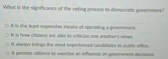 What is the significance of the voting process to democratic government?
It is the least expensive means of operating a government.
It is how citizens are able to criticize one another's views.
It always brings the most experienced candidates to public office.
It permits citizens to exercise an influence on government decisions.