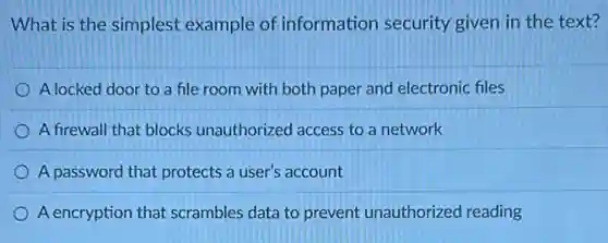 What is the simplest example of information security given in the text?
A locked door to a file room with both paper and electronic files
A firewall that blocks unauthorized access to a network
A password that protects a user's account
A encryption that scrambles data to prevent unauthorized reading