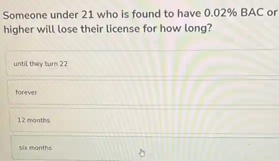 Someone under 21 who is found to have 0.02%  BAC or
higher will lose their license for how long?
until they turn 22
forever
12 months
six months