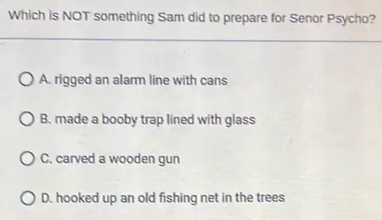 Which is NOT something Sam did to prepare for Senor Psycho?
A. rigged an alarm line with cans
B. made a booby trap lined with glass
C. carved a wooden gun
D. hooked up an old fishing net in the trees