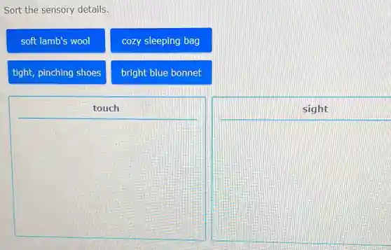 Sort the sensory details.
soft lamb's wool
cozy sleeping bag
tight, pinching shoes
bright blue bonnet
touch
sight
square
square