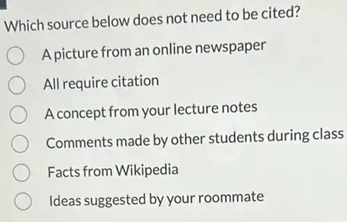 Which source below does not need to be cited?
A picture from an online newspaper
All require citation
A concept from your lecture notes
Comments made by other students during class
Facts from Wikipedia
Ideas suggested by your roommate