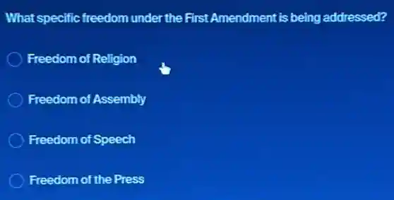 What specific freedom under the First Amendment is being addressed?
Freedom of Religion
Freedom of Assembly
Freedom of Speech
Freedom of the Press