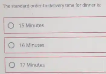 The standard order-to delivery time for dinner IS:
15 Minutes
16 Minutes
17 Minutes