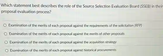 Which statement best describes the role of the Source Selection Evaluation Board (SSEB) in their
proposal evaluation process?
Examination of the merits of each proposal against the requirements of the solicitation (RFP)
Examination of the merits of each proposal against the merits of other proposals
Examination of the merits of each proposal against the acquisition strategy
Examination of the merits of each proposal against historical procurements