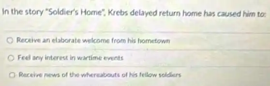 In the story "Soldier's Home", Krebs delayed return home has caused him to:
Receive an elaborate welcome from his hometown
Feel any interest in wartime events
Receive news of the whereabouts of his fellow soldiers