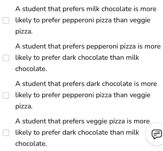 A student that prefers milk chocolate is more
likely to prefer pepperoni pizza than veggie
pizza.
A student that prefers pepperoni pizza is more
likely to prefer dark chocolate than milk
chocolate.
A student that prefers dark chocolate is more
likely to prefer pepperoni pizza than veggie
pizza.
A student that prefers veggie pizza is more
likely to prefer dark chocolate than milk
chocolate.