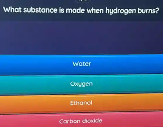 What substance is made when hydrogen burns?
Water
Oxygen
Ethanol
Carbon dioxide