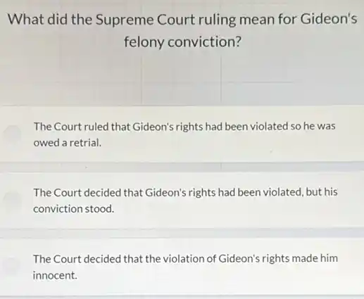 What did the Supreme Court ruling mean for Gideon's
felony conviction?
The Court ruled that Gideon's rights had been violated so he was
owed a retrial.
The Court decided that Gideon's rights had been violated, but his
conviction stood.
The Court decided that the violation of Gideon's rights made him
innocent.