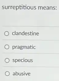 surreptitious means:
clandestine
pragmatic
specious
abusive
