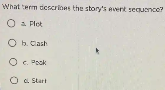 What term describes the story's event sequence?
a. Plot
b. Clash
c. Peak
d. Start
