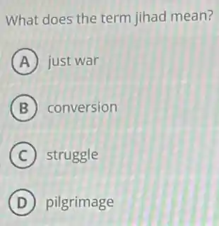 What does the term jihad mean?
A just war
B conversion
C struggle
D pilgrimage