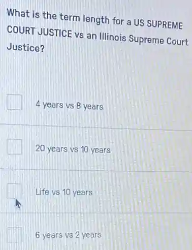 What is the term length for a US SUPREME
COURT JUSTICE vs an Illinois Supreme Court
Justice?
4 years vs 8 years
20 years vs 10 years
Life vs 10 years
6 years vs 2 years