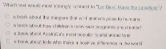 Which text would most strongly connect to "Let Bindi Have the Limelight"?
a book about the dangers that wild animals pose to humans
a book about how children's television programs are created
a book about Australia's most popular tourist attractions
a book about kids who make a positive difference in the world