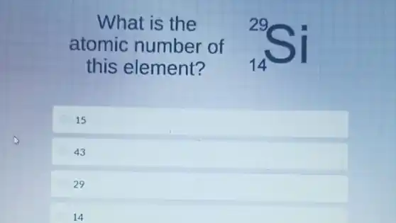 What is the
atomic number of
this element?
15
43
29
14
