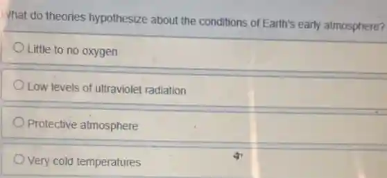 What do theories hypothesize about the conditions of Earth's early atmosphere?
Little to no oxygen
Low levels of ultraviolet radiation
Protective atmosphere
Very cold temperatures