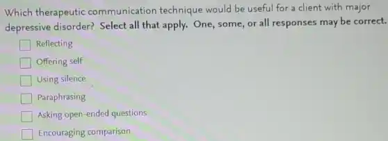 Which therapeutic communication technique would be useful for a client with major
depressive disorder?Select all that apply.One, some, or all responses may be correct.
Reflecting
Offering self
Using silence
Paraphrasing
Asking open-ended questions
Encouraging comparison