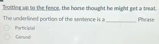 Trotting up to the fence, the horse thought he might get a treat.
The underlined portion of the sentence is a __ Phrase
Participial
Gerund