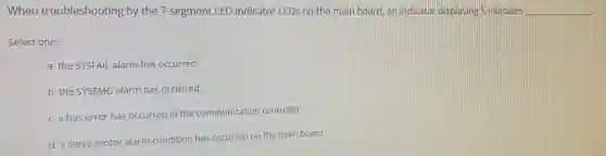 When troubleshooting by the 7-segment LED indicator LEDs on the main board, an indicator displaying 5 indicates __
Select one:
a. the SYSFAIL alarm has occurred
b. the SYSEMG alarm has occurred
c. a bus error has occurred in the communication controller
d. a servo motor alarm condition has occurred on the main board