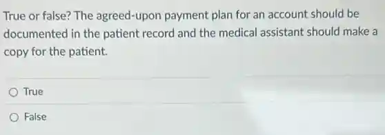 True or false? The agreed-upon payment plan for an account should be
documented in the patient record and the medical assistant should make a
copy for the patient.
True
False