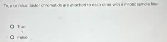 True or false: Sister chromatids are attached to each other with a mitotic spindle fiber.
True
Folse