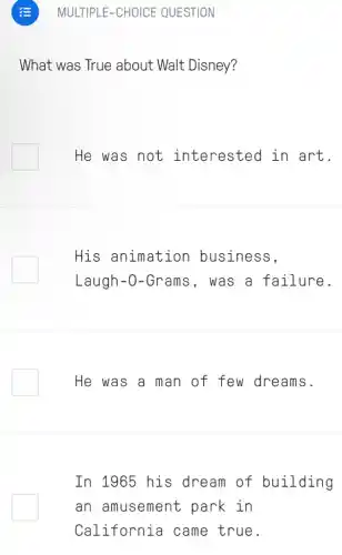 What was True about Walt Disney?
He was not interested in art.
His animation business,
Laugh-0-Grams , was a failure.
He was a man of few dreams.
In 1965 his dream of building