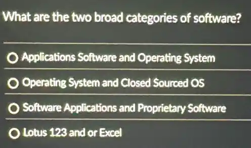 What are the two broad categories of software?
Applications Software and Operating System
Operating System and Closed Sourced OS
Software Applications and Proprietary Software
Lotus 123 and or Excel