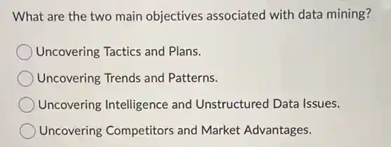 What are the two main objectives associated with data mining?
Uncovering Tactics and Plans.
Uncovering Trends and Patterns.
Uncovering Intelligence and Unstructured Data Issues.
Uncovering Competitors and Market Advantages.