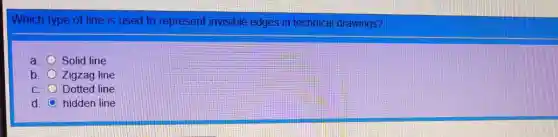 Which type of line is used to represent invisible edges in technical drawings?
a. Solid line
b. Zigzag line
C. Dotted line
d. hidden line