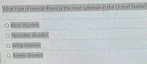 What type of mental illness is the most common in the United States?
Mood disorders
Personality disorders
Eating disorders
Anxiety disorders