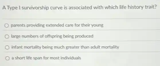 A Type survivorship curve is associated with which life history trait?
parents providing extended care for their young
large numbers of offspring being produced
infant mortality being much greater than adult mortality
a short life span for most individuals