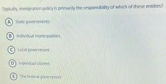 Typically, immigration policy is primarily the responsibility of which of these entities?
A State governments
B Individual municipalities
C Local government
D Individual citizens
E The federal government