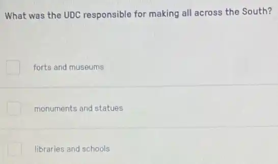 What was the UDC responsible for making all across the South?
forts and museums
monuments and statues
libraries and schools