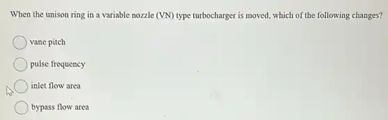 When the unison ring in a variable nozzle (VN) type turbocharger is moved, which of the following changes?
vane pitch
pulse frequency
inlet flow area
bypass flow area