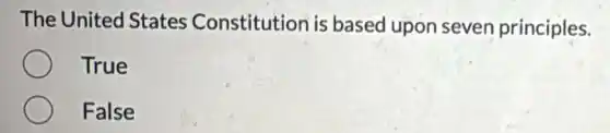 The United States Constitution is based upon seven principles.
True
False