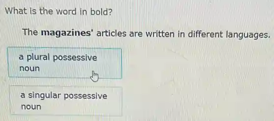 What is the word in bold?
The magazines articles are written in different languages.
a plural possessive
noun
a singular possessive
noun