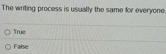 The writing process is usually the same for everyone.
True
False