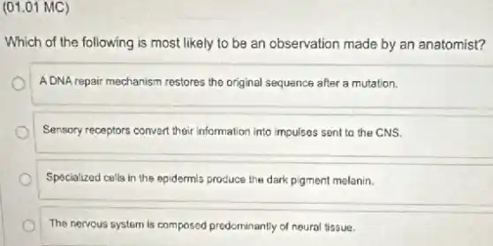 (01.01 MC)
Which of the following is most likely to be an observation made by an anatomist?
A DNA repair mechanism restores the original sequence after a mutation.
Sensory receptors convert their information into impulses sent to the CNS.
Specialized cells in the epidermis produce the dark pigment melanin.
The nervous system is composed predominantly of neural tissue.