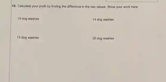 10. Calculate your profit by finding the difference in the two values Show your work here:
13 dog washes
14 dog washes
15 dog washes
20 dog washes
