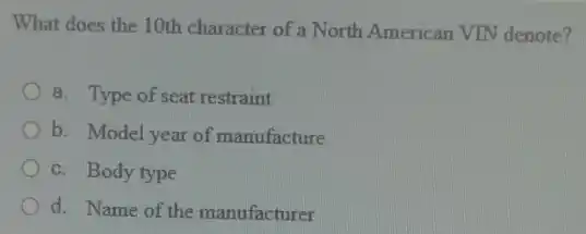 What does the 10th character of a North American VIN denote?
a. Type of seat restraint
b. Model year of manufacture
c. Body type
d. Name of the manufacturer
