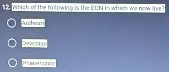 12. Which of the following is the EON In which we now live?
Archean
Devonian
Phanerozole