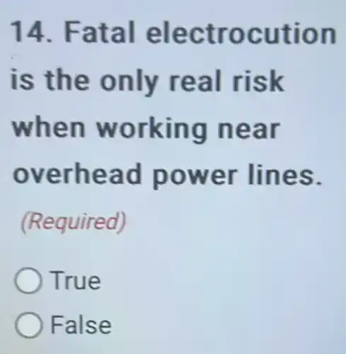 14. Fatal electrocution
is the only real risk
when working near
overhead power lines.
(Required)
True
False