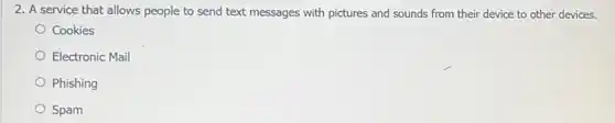 2. A service that allows people to send text messages with pictures and sounds from their device to other devices.
Cookies
Electronic Mail
Phishing
Spam