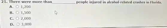21. There were more than __ people injured in alcohol -related crashes in Florida.
A. 1,200
B. 1,500
C. 2,000
D. 3,000
