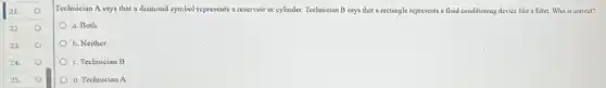 21.o Technician A says that a diamond symbol represents a reservoir or cylinder.Technician B says that a rectangle represents a fluid conditioning device like a filter. Who is correct?
22. 0
a. Both
23. b. Neither
24. c. Technician B
25. d. Technician A