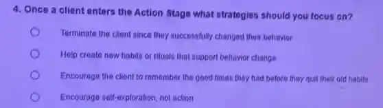 4. Once a client enters the Action Stage what strategies should you focus on?
Terminate the client since they successfully changed their behavior
Help create new habits or rituals that support behavior change
Encourage the client to remember the good times they had before they quit their old habits
Encourage self-exploration, not action